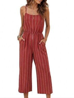 GAP Linen Blend Sleeveless Wide Leg Striped Cropped Jumpsuit Large Mineral Red